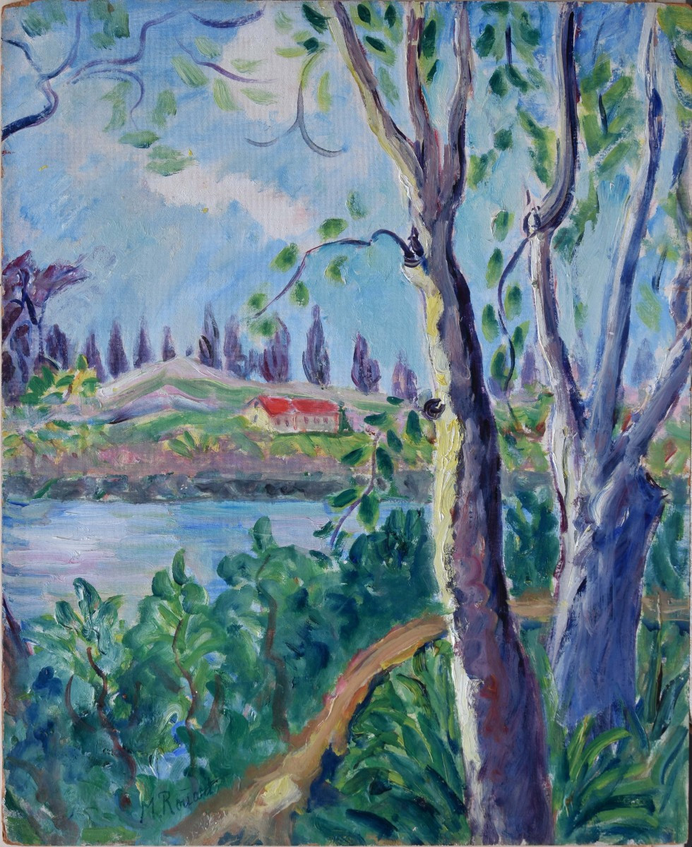 Madeleine ROUART "Bord de rivière"  huile sur carton 46x38